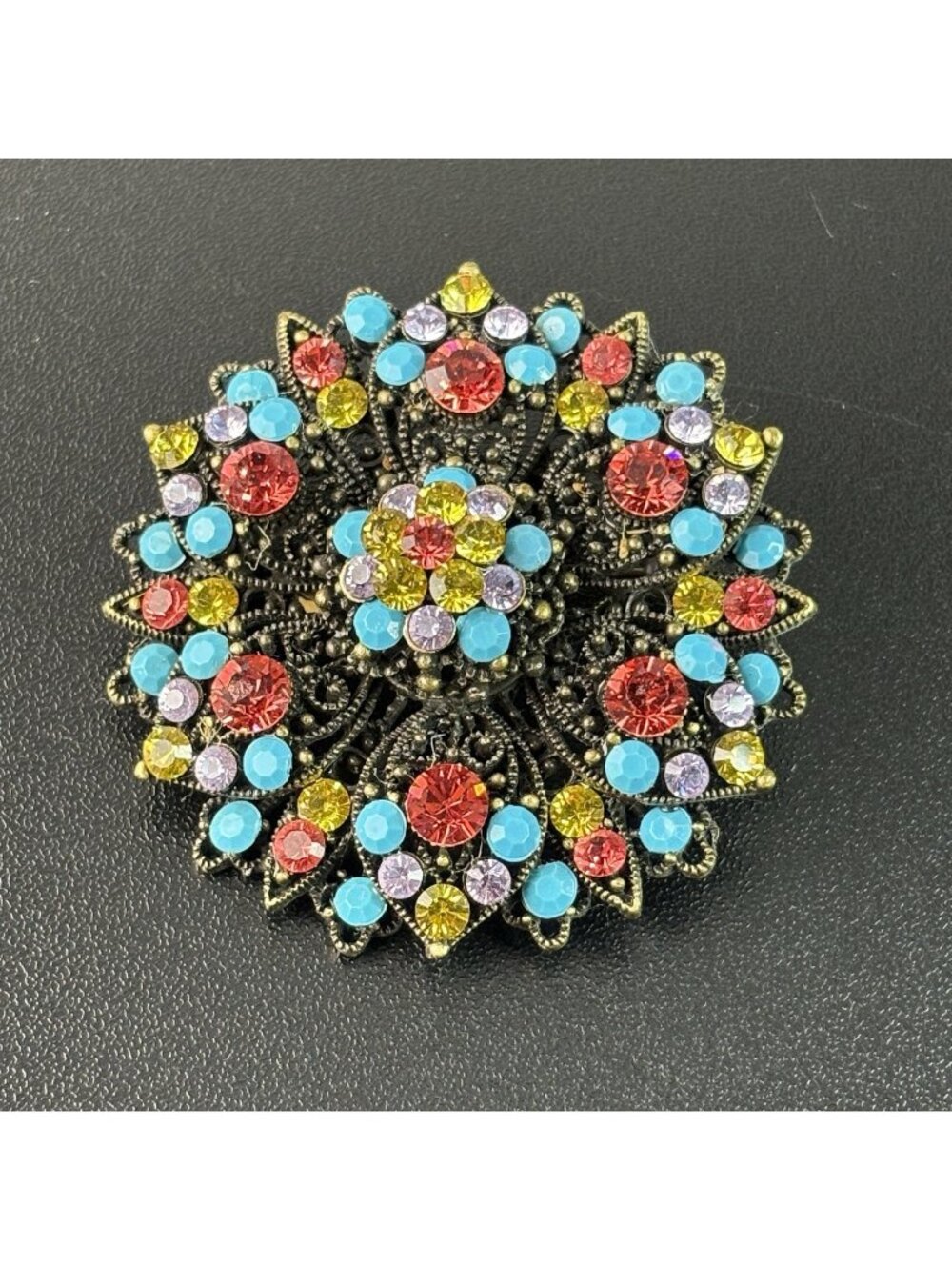 Vintage Filigree Brooch Cicular Cluster Multicolor Rhinestones 2.25" Flower